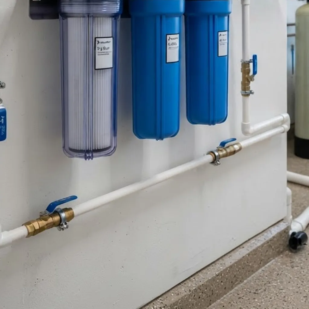 Portafiltros y piping con válvulas de bola en una sala de equipos de agua potable.
