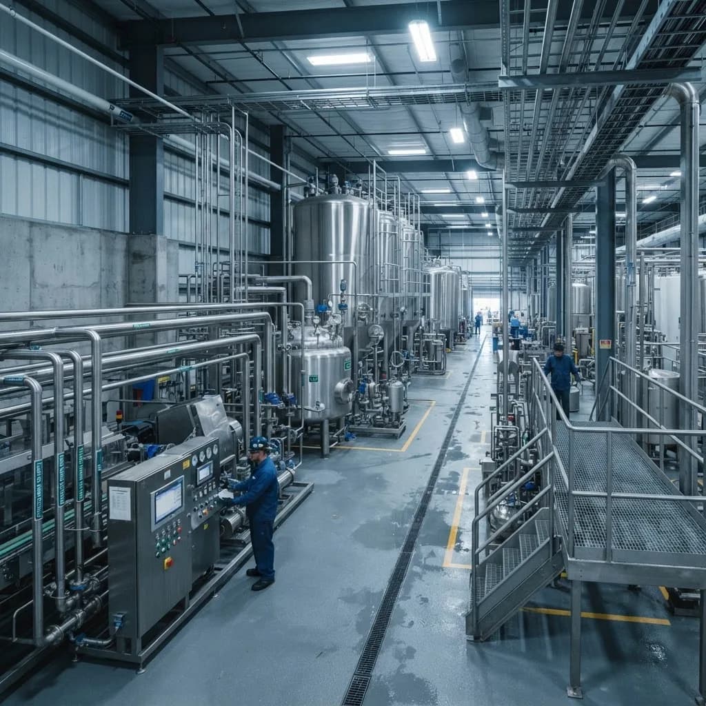 Sala de procesos industriales con estanques de acero inoxidable, piping y un operador en el tablero de control.