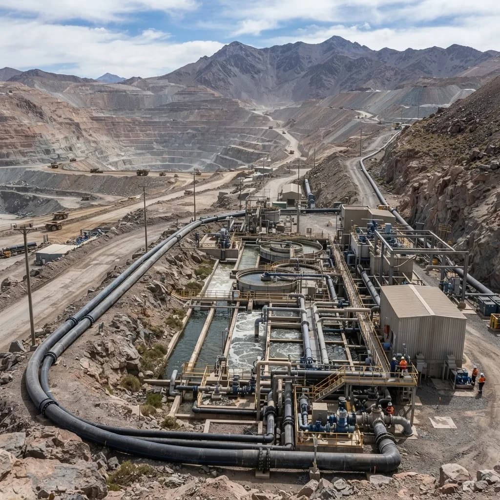 Planta de tratamiento de agua junto a un rajo abierto, con piping y espesadores circulares.