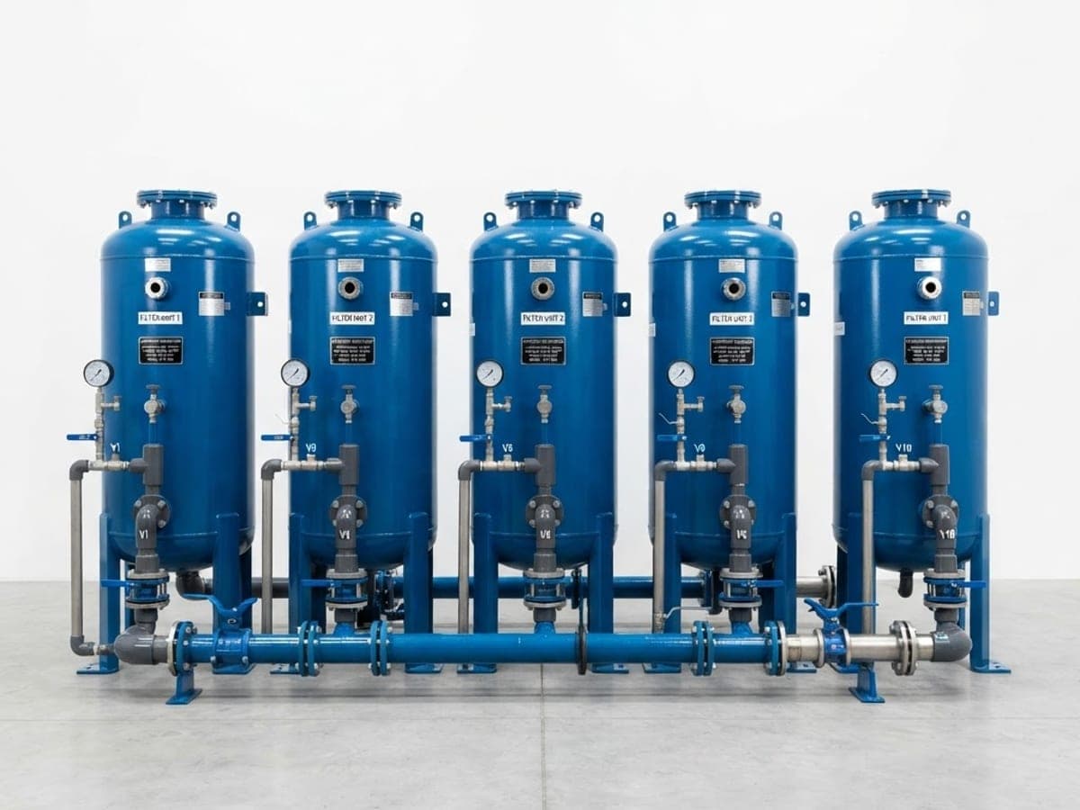 Filtro industrial a presión de acero carbono instalado en planta de tratamiento de agua